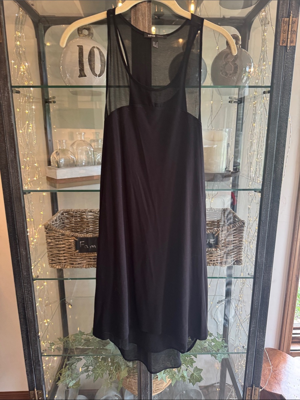 MNG Black Sleeveless Mesh Yoke A-Line Dress